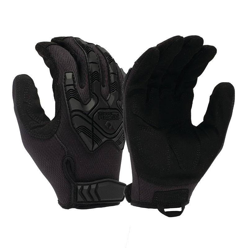 The Pyramex Heavy Duty Impact Operator Glove VGTG40 (6 pairs) features black tactical gloves designed for touchscreen use. One glove is displayed palm-up to highlight its reinforced padding for impact protection, while the other shows protective knuckles with a textured grip from the back. They also include a strap for secure closure.