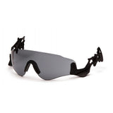 Introducing the Pyramex Ridgeline XR7 Lens Accessory by Pyramex Safety, featuring sleek black tactical sunglasses with dark lenses, side protectors, and a wraparound design. Its angular, futuristic frame provides both protection and UV-resistant style.