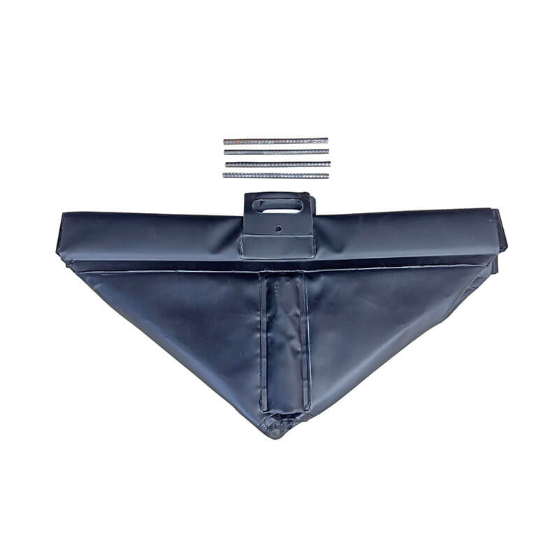 The UltraTech Pellet Pond 8859 by UltraTech is a black, triangular sandbag with a top handle, designed for pellet retention systems, shown with four short black rods above it on a white background.