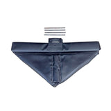The UltraTech Pellet Pond 8859 by UltraTech is a black, triangular sandbag with a top handle, designed for pellet retention systems, shown with four short black rods above it on a white background.