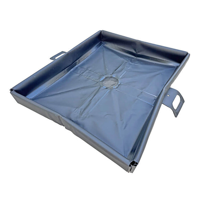 The UltraTech Pellet Pond 8859 is a square metal drip pan with raised edges, side handles, and a central hole—ideal for plastic pellet containment or as part of a PVC pellet pond—efficiently catches or drains liquids.