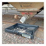 The UltraTech Pellet Pond 8859 is a black spill containment tray placed under a railcar valve to catch spilled plastic pellets or powder, preventing contaminants from reaching train tracks.