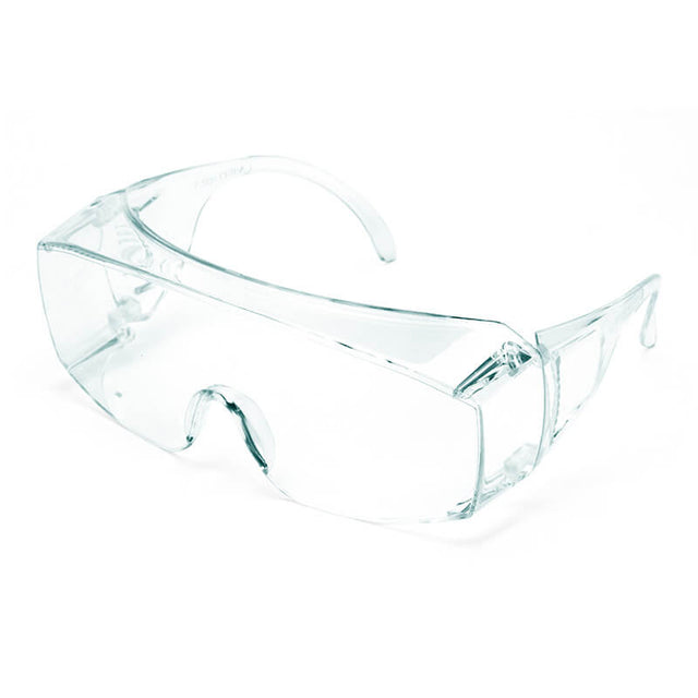 Pyramex Safety Jumbo Solo Clear Lens S510SJ Glasses (12/box) feature transparent wraparound frames, side shields, and arms to protect eyes from debris and particles, offering reliable eye protection.