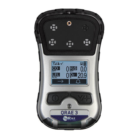 The RAE PGM-2500 QRAE 3 Non-Wireless Diffusion Multi-Gas Monitor M020-21111-111 by RAE Systems is a handheld device equipped with a digital display that provides readings for CO, H2S, and O2 levels. It is designed with an IP-65 case and includes buttons below the screen for easy operation and monitoring.