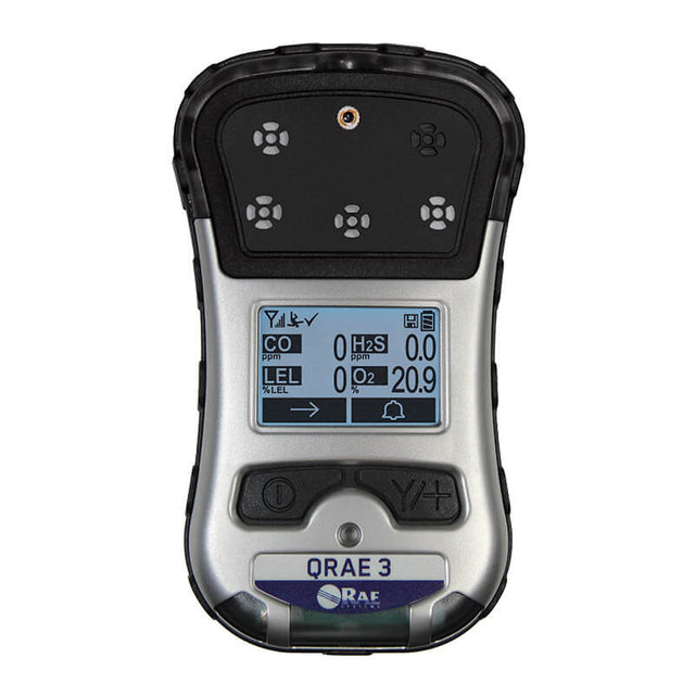 The RAE PGM-2500 QRAE 3 Non-Wireless Diffusion Multi-Gas Monitor M020-21111-111 by RAE Systems is a handheld device equipped with a digital display that provides readings for CO, H2S, and O2 levels. It is designed with an IP-65 case and includes buttons below the screen for easy operation and monitoring.