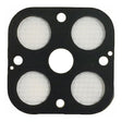 A black square gasket with rounded corners, four large round holes, and three smaller holes. BW Quattro Replacement Quad Sensor Screen (10/Pack) QT-SS-K1 by BW Technologies by Honeywell, shown on a white background.
