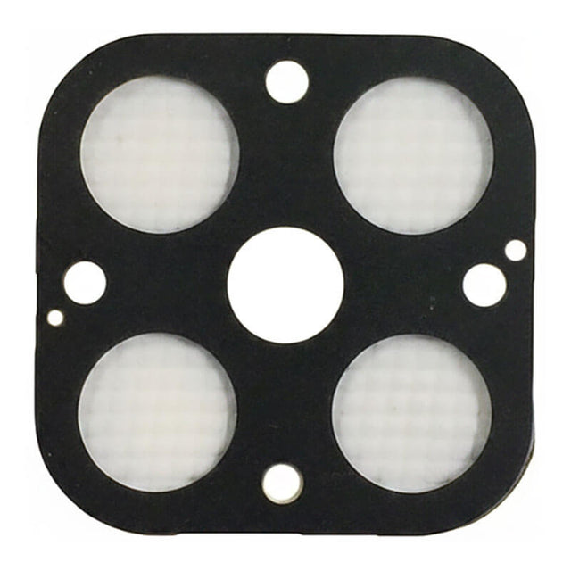A black square gasket with rounded corners, four large round holes, and three smaller holes. BW Quattro Replacement Quad Sensor Screen (10/Pack) QT-SS-K1 by BW Technologies by Honeywell, shown on a white background.