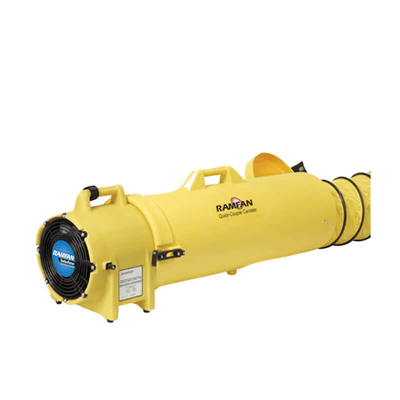 The industrial ventilation blower from Euramco, reminiscent of a RamFan UB20, is yellow with a blue and black circular vent at the front. It is equipped with a handle on the top and an extended flexible, UV-resistant duct attachment at the back. The brand name "Euramco" is displayed on the side.