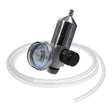 The ISG Fixed Flow Regulator (0.25 LPM) w/Tubing by Intermountain Specialty Gases is a metallic CO2 regulator with a pressure gauge and black knob, featuring a C-10 valve and attached to clear flexible plastic tubing—ideal for use with disposable gas cylinders.