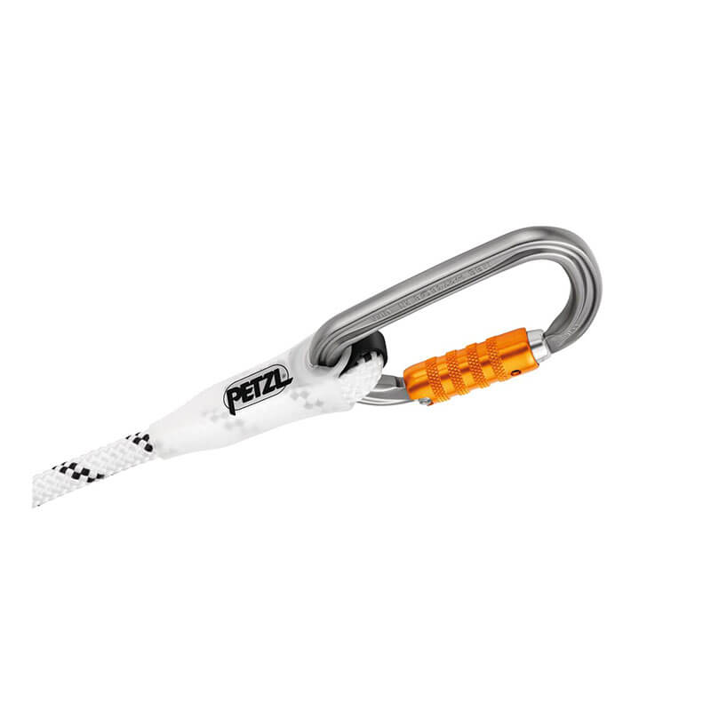 A climbing rope is secured with a silver and orange Petzl locking carabiner, clipped through the sewn termination loop of the Petzl AXIS 11 mm rope (model R074BB0_), ideal for use with fall arresters and featuring the PETZL logo.