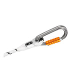 A climbing rope is secured with a silver and orange Petzl locking carabiner, clipped through the sewn termination loop of the Petzl AXIS 11 mm rope (model R074BB0_), ideal for use with fall arresters and featuring the PETZL logo.
