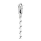 The Petzl AXIS 11 mm With One Sewn Termination R074BB0_ is a white, low-stretch kernmantle rope with black accents and a sewn eye protected by a translucent cover marked "PETZL," ideal for safety lanyards or use with fall arresters.