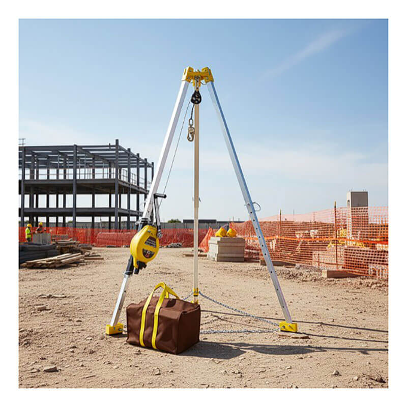 A French Creek Production 7' Tripod 3-Way Rescue Unit with Bag (R50GTP7) stands ready on a construction site, surrounded by dirt, orange safety fencing, and a partially built steel structure in the background.