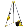 The French Creek Production 7' Tripod 3-Way Rescue Unit, model R50G-TP7, includes a yellow and silver stand with a pulley system and galvanized wire rope; it also comes with a brown bag featuring yellow handles connected by a metal chain linking the tripod legs.