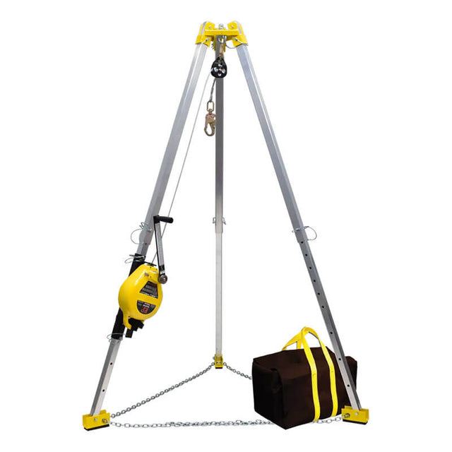 The French Creek Production 7' Tripod 3-Way Rescue Unit, model R50G-TP7, includes a yellow and silver stand with a pulley system and galvanized wire rope; it also comes with a brown bag featuring yellow handles connected by a metal chain linking the tripod legs.