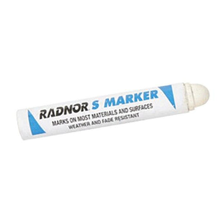 A white cylindrical solid paint marker with blue and black text displaying "RADNOR Solid Stick Paint Marker 6400240" emphasizes its versatility for marking on any surface. This weather and fade-resistant marker from Radnor guarantees durable, permanent paint markings.