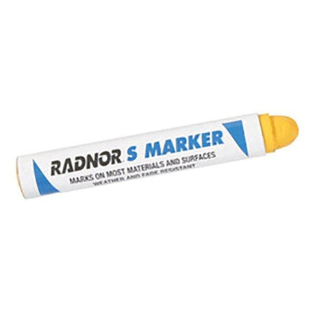 A Radnor Solid Stick Paint Marker with a yellow tip is displayed on a white background. The label indicates that it "marks on most materials and surfaces" and is "weather and fade resistant.