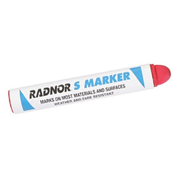 The RADNOR Solid Stick Paint Marker 6400240_ (12/box) from Radnor, featuring a white body with blue text that reads "MARKS ON MOST MATERIALS AND SURFACES" and "WEATHER AND FADE RESISTANT," ensures durability and reliability for all your marking needs.