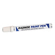 The RADNOR Fiber Tip Paint Pen in white, produced by Radnor, comes in a cylindrical design with a cap on one end. It features high-gloss enamel paint and is designed with a valve-activated mechanism and replaceable solid tip for permanent marking applications.