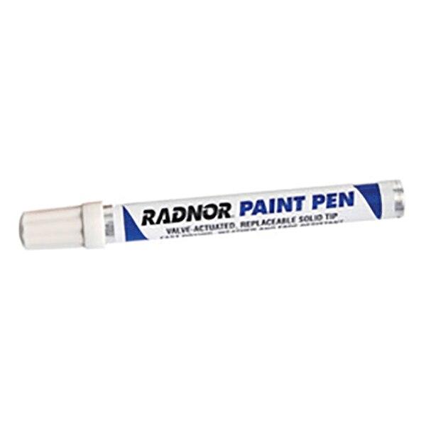 Image of a Radnor Fiber Tip Paint Pen 640024_ with a white cap. The pen, designed for all-surface marking, is labeled "RADNOR Fiber Tip Paint Pen" and includes features such as "valve-activated" and "replaceable solid tip." Ideal for permanent marking, it boasts a high-gloss enamel finish.