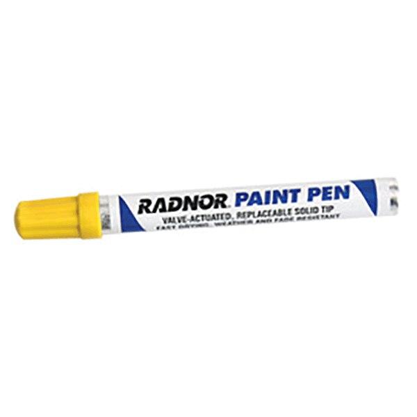 Image of a Radnor Fiber Tip Paint Pen 640024_ with a yellow cap, perfect for permanent marking. The pen is labeled "valve-actuated, replaceable solid tip" and features a blue and white design, ideal for all-surface marking needs.