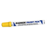 Image of a Radnor Fiber Tip Paint Pen 640024_ with a yellow cap, perfect for permanent marking. The pen is labeled "valve-actuated, replaceable solid tip" and features a blue and white design, ideal for all-surface marking needs.