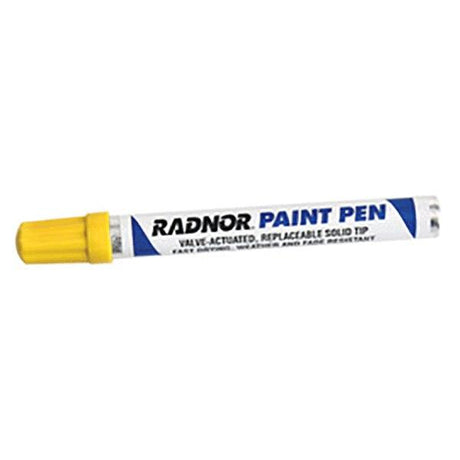 Image of a Radnor Fiber Tip Paint Pen 640024_ with a yellow cap, perfect for permanent marking. The pen is labeled "valve-actuated, replaceable solid tip" and features a blue and white design, ideal for all-surface marking needs.