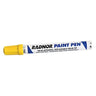 Image of a Radnor Fiber Tip Paint Pen 640024_ with a yellow cap, perfect for permanent marking. The pen is labeled "valve-actuated, replaceable solid tip" and features a blue and white design, ideal for all-surface marking needs.