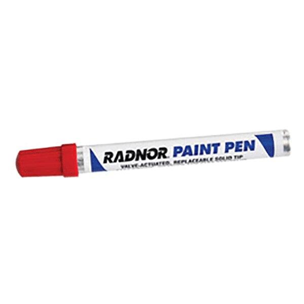 A paint pen featuring a white body and red cap labeled "RADNOR Fiber Tip Paint Pen 640024," ideal for permanent marking. The pen's text indicates it is valve-activated with a replaceable round tip, making it suitable for all-surface markings.