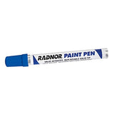 A Radnor Fiber Tip Paint Pen 640024 (12/box) with a blue cap, designed with a valve-activated, replaceable solid tip for permanent marking. The pen displays black and blue text against the white body, making it perfect as an all-surface marker.