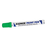 Introducing the Radnor Fiber Tip Paint Pen 640024, featuring a green cap designed for permanent marking. The label displays "Radnor Fiber Tip Paint Pen" and highlights "Valve-Activated, Replaceable Solid Tip." Its predominantly white body showcases blue and black text, making it perfect for all-surface marking needs. Available in boxes of 12.