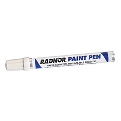 Image of a RADNOR Fiber Tip Paint Pen 640024_ with a blue label, ideal for marking on all surfaces. It features a valve-activated, replaceable fiber tip for permanent marking.