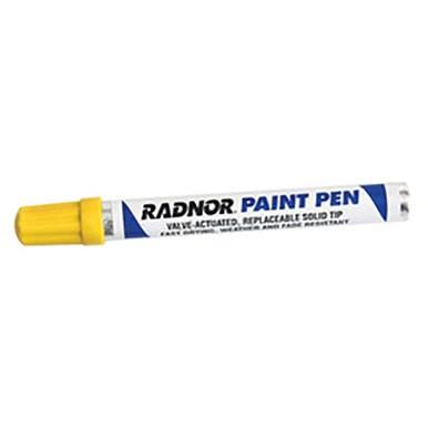 A RADNOR Fiber Tip Paint Pen 640024_ from Radnor, featuring a yellow cap and white body labeled "Valve-Actuated, Replaceable Solid Tip," ideal for permanent marking on any surface.