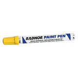 A RADNOR Fiber Tip Paint Pen 640024_ from Radnor, featuring a yellow cap and white body labeled "Valve-Actuated, Replaceable Solid Tip," ideal for permanent marking on any surface.