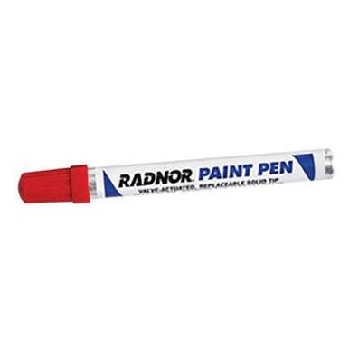 The RADNOR Fiber Tip Paint Pen 640024_ (12/box) from Radnor is designed with a red cap and white body, featuring blue text for permanent marking. This all-surface marker is valve-activated, includes a replaceable solid tip, and provides high-gloss enamel coverage.