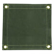 Introducing the RADNOR 12 oz Green FR Canvas Welding Curtain by Radnor, featuring a square design with reinforced edges and four metal grommets, one in each corner. This durable tarp is not only water and mildew resistant but also serves as a flame retardant welding curtain, perfect for outdoor use.