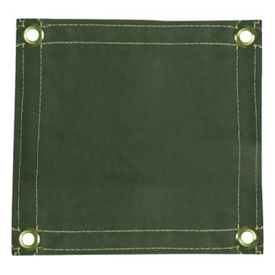 Introducing the RADNOR 12 oz Green FR Canvas Welding Curtain by Radnor, featuring a square design with reinforced edges and four metal grommets, one in each corner. This durable tarp is not only water and mildew resistant but also serves as a flame retardant welding curtain, perfect for outdoor use.