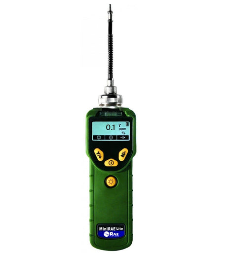 The RAE Systems MiniRAE Lite PID Monitor 059-A by RAE Systems, perfect for site surveying, is a green handheld gas detector with a digital display that reads "0.1 ppm." It includes yellow navigation buttons and has an extended sensor at the top, making it indispensable for environmental remediation tasks.