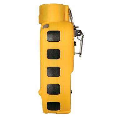 The side view of a yellow and black RAE Systems ToxiRAE Pro PID handheld two-way radio, featuring a belt clip and a rugged design ideal for outdoor or industrial use. This model enhances safety with its potential to detect volatile organic compounds in the environment.