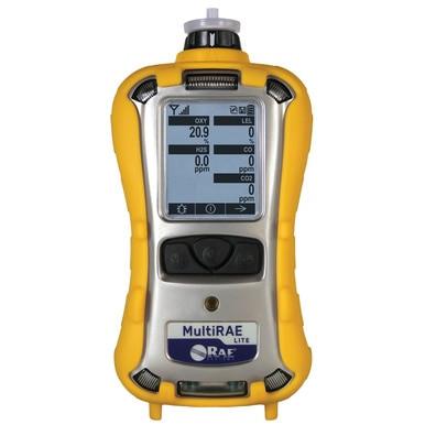 The RAE Systems MultiRAE Lite Monitor - Pump and Non-Wireless PGM-6208 is a sophisticated gas detector in yellow, equipped with a digital interface and multiple buttons for operation. It presents gas detection readings on its screen, displaying levels of various gases, including oxygen and carbon monoxide in parts per million, with customizable configurations for the gas sensors.