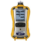 The RAE Systems MultiRAE Lite Monitor - Pump and Non-Wireless PGM-6208 is a sophisticated gas detector in yellow, equipped with a digital interface and multiple buttons for operation. It presents gas detection readings on its screen, displaying levels of various gases, including oxygen and carbon monoxide in parts per million, with customizable configurations for the gas sensors.