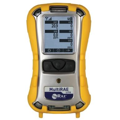 The RAE Systems MultiRAE Lite - Diffusion and Non-Wireless PGM-6208, presented in a striking yellow design, is an efficient multi-gas detector. It features a screen that shows oxygen levels among various sensor choices, with control buttons conveniently placed below and the RAE Systems logo clearly visible at the base.