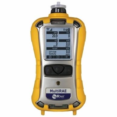 The RAE Systems MultiRAE Multi-Threat Monitor PGM-6228, by RAE Systems, is a handheld chemical detector with a bright yellow housing. It features a large screen for readings such as O2, CO, and VOCs, along with convenient control buttons below. Its wireless capability enhances usability in a variety of environments.