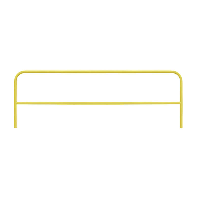 The Frontline Guardrail System for Concrete/Steel Substrates by Frontline Fall Protection features a yellow metal safety rail with rounded corners and two vertical legs, designed as fixed perimeter edge protection.