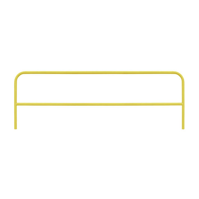 The Frontline Guardrail System for Concrete/Steel Substrates by Frontline Fall Protection features a yellow metal safety rail with rounded corners and two vertical legs, designed as fixed perimeter edge protection.