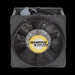 The "RamFan 16 in. Intrinsically Safe Blower EA8000XX" by Euramco boasts a glass-reinforced housing that ensures both durability and strength. It is encased in a protective black frame with black blades, surrounded by a wire grille, and its motor cord visibly extends from the top.