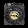 The Euramco RamFan 16 in. Intrinsically Safe Blower EA8000XX is a black industrial fan showcasing the signature yellow center emblazoned with the RAMFAN logo, complemented by a large circular grille. It is encased in robust glass-reinforced housing with visible wiring on top.