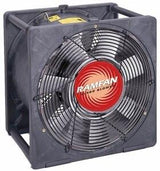 The RamFan 16 in. Intrinsically Safe Blower EA8000XX by Euramco is a large, square industrial fan with a sturdy black frame and a prominent red circular center featuring the "RAMFAN Turbo Blower" label. Designed for heavy-duty ventilation, it houses multiple blades within its glass-reinforced casing. Its versatility is enhanced by the option to use a reversible duct adapter.