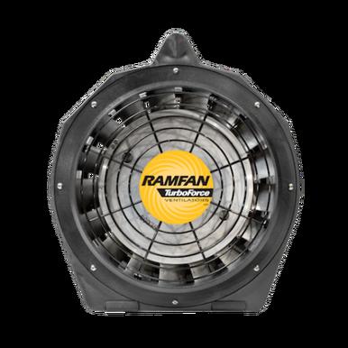 A black portable ventilation fan, branded with the yellow circular logo "RamFan Intrinsically Safe 12 in. Blower EB7201XX" by Euramco, is designed for demanding environments. Built with protective metal grates, its robust octagonal structure is complemented by glass-reinforced ABS housing for increased durability.