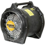 The Euramco RamFan Intrinsically Safe 12 in. Blower EB7201XX, featuring a black design with a yellow label, is equipped with glass-reinforced ABS housing. It includes a handle on top and a protective grille at the front.